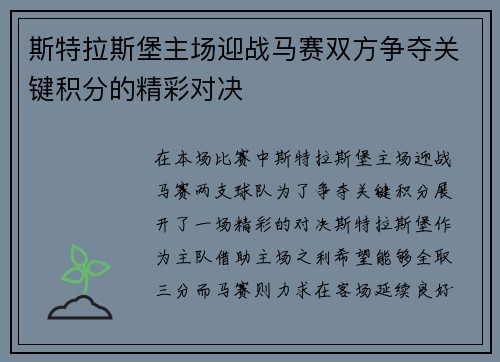 斯特拉斯堡主场迎战马赛双方争夺关键积分的精彩对决